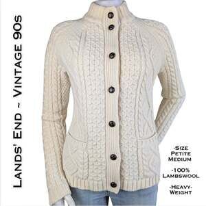 Lands End Cardigan Petite Medium Cream Lambswool Cable Knit Chunky Fishermans